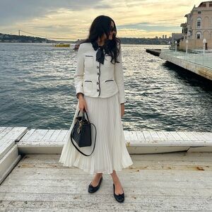 Self Portrait Long Sleeve Tweed Midi Dress with Bow Detail